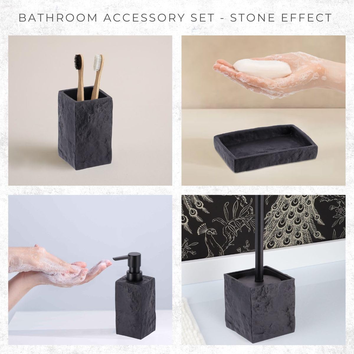 Collection Stone Effect Black Bath Accessory Set-4 Pieces