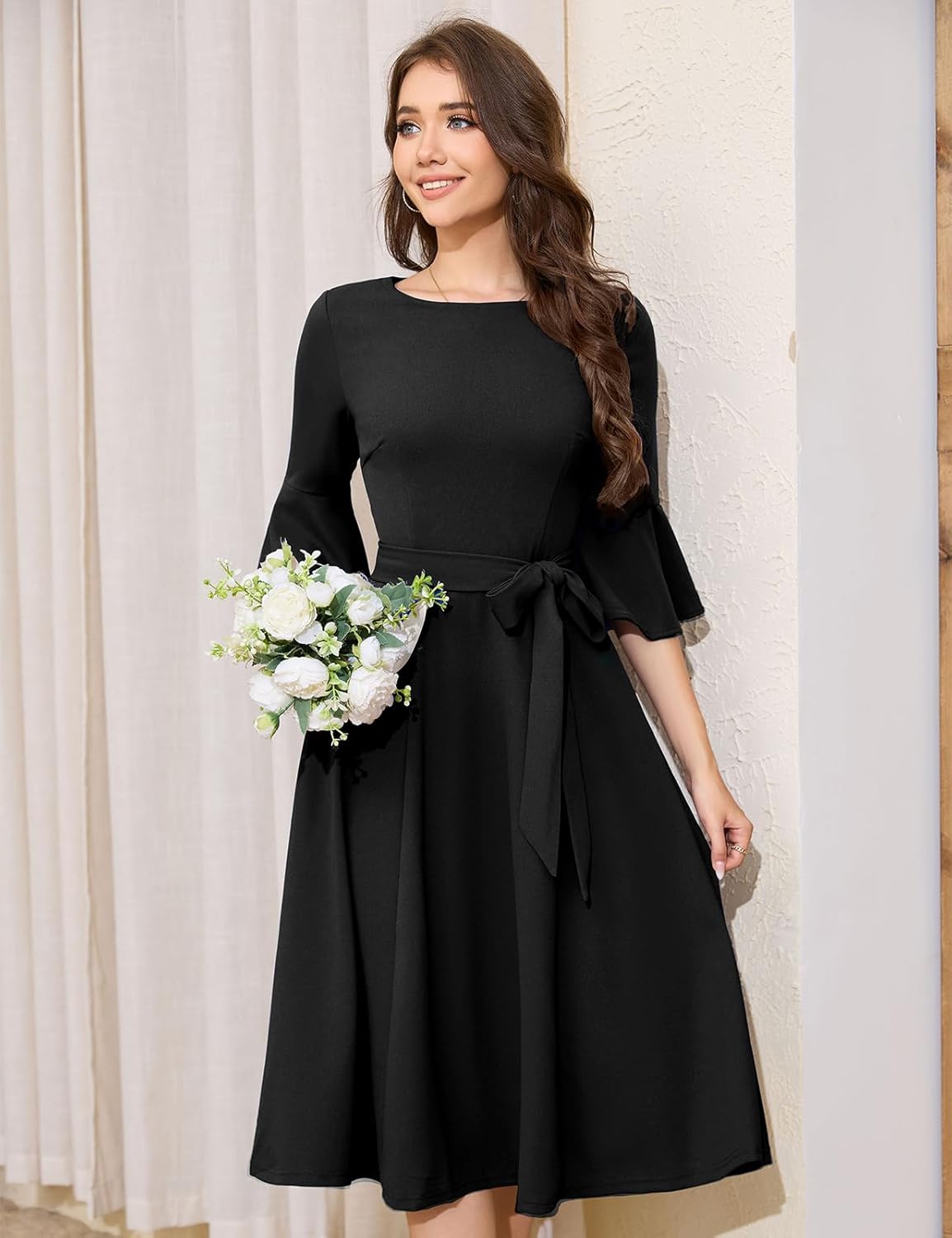 HomRain Women's Church Dresses Modest Bell Sleeve Wedding Guest Cocktail Tea Party Vintage Evening Dress - Image 3