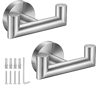 Brushed Nickel Double Towel Hooks for Bathroom & Kitchen - Rustproof SUS304 Stainless Steel Heavy Duty Wall Mount Robe Hooks, 2 Pack