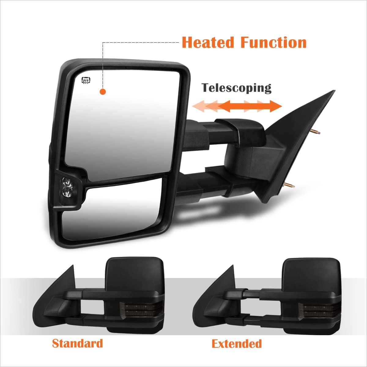 [Passenger Side] Power Heated Tow Towing Mirrors/Smoked LED Signal Compatible with Silverado Sierra 03-07,Black