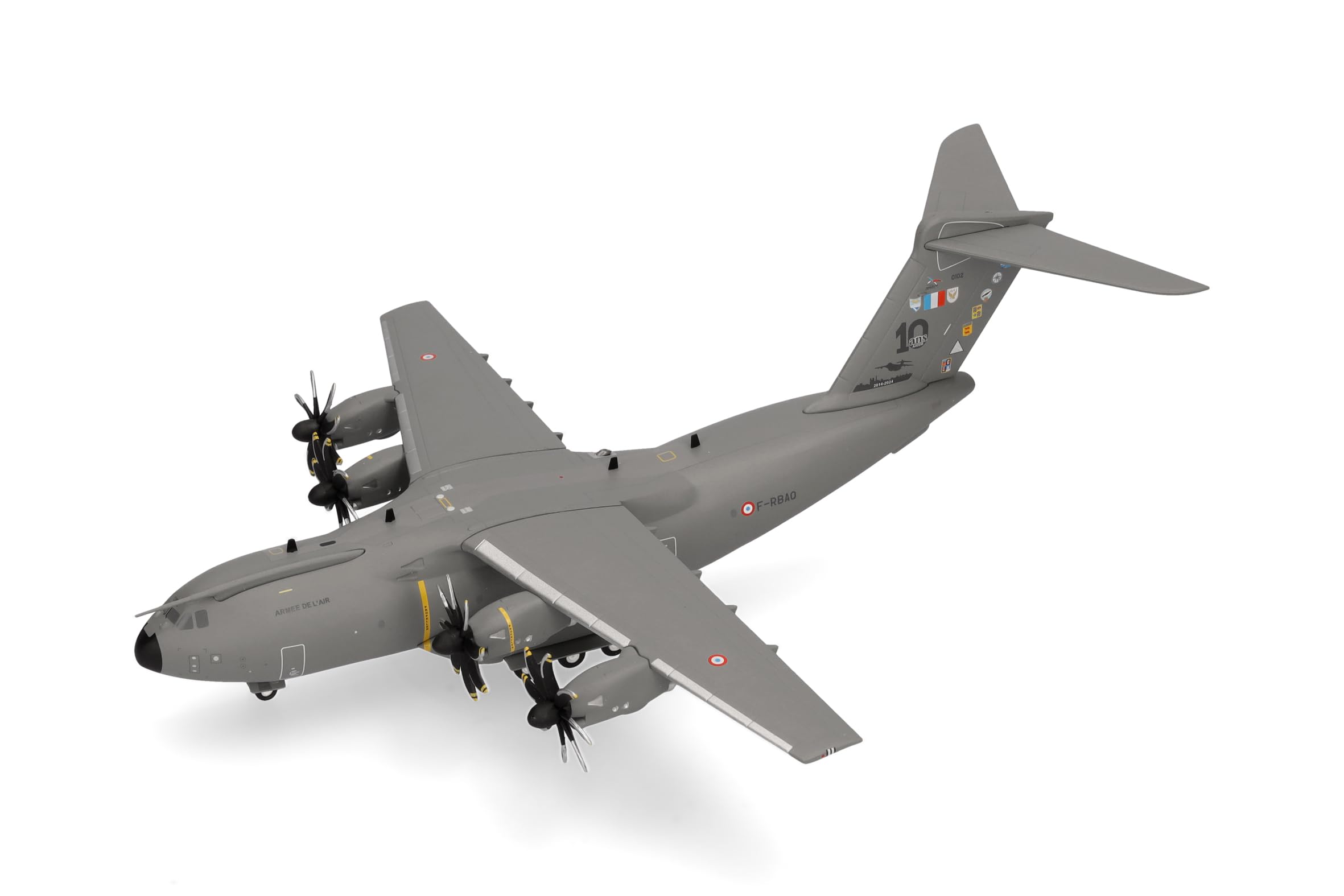 Herpa Modellflugzeug French Air Force - Escadron de Transport 1/61 Touraine – BA 123, Orléans-Bricy 10 Years of A400M, Miniatur im Maßstab 1:200, Sammlerstück, Flugzeug Modell mit Standfuß, Metall