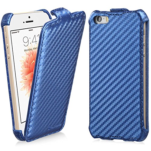 iPhone SE Case, GreatShield Shift CX Carbon Fiber Design Flip Leather Cover for Apple iPhone SE 5S 5 - Blue