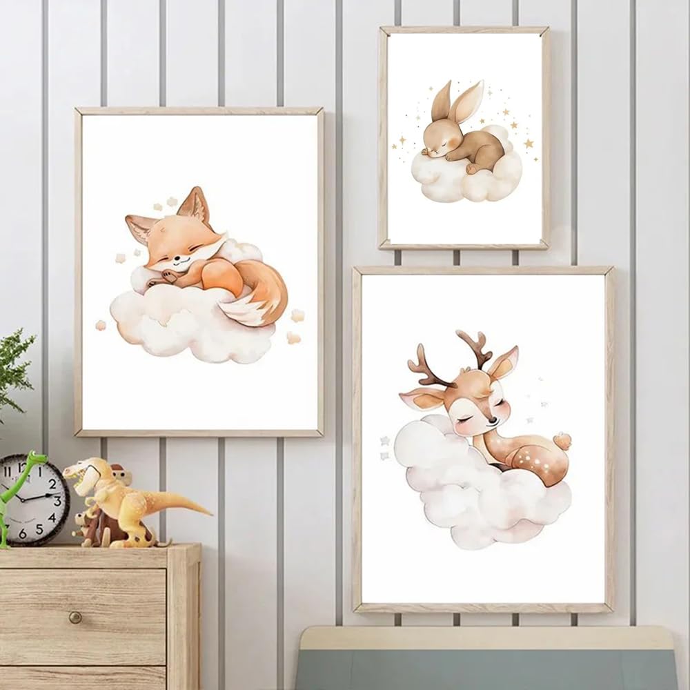BeiYiHo Tableau Chambre Bebe Biche Nuages 21x30 Affiche Beige Brun Deco Chambre Enfant Theme Nature Poster Bébé Cerf Decoration Murale Fille Cadeau sans Cadre
