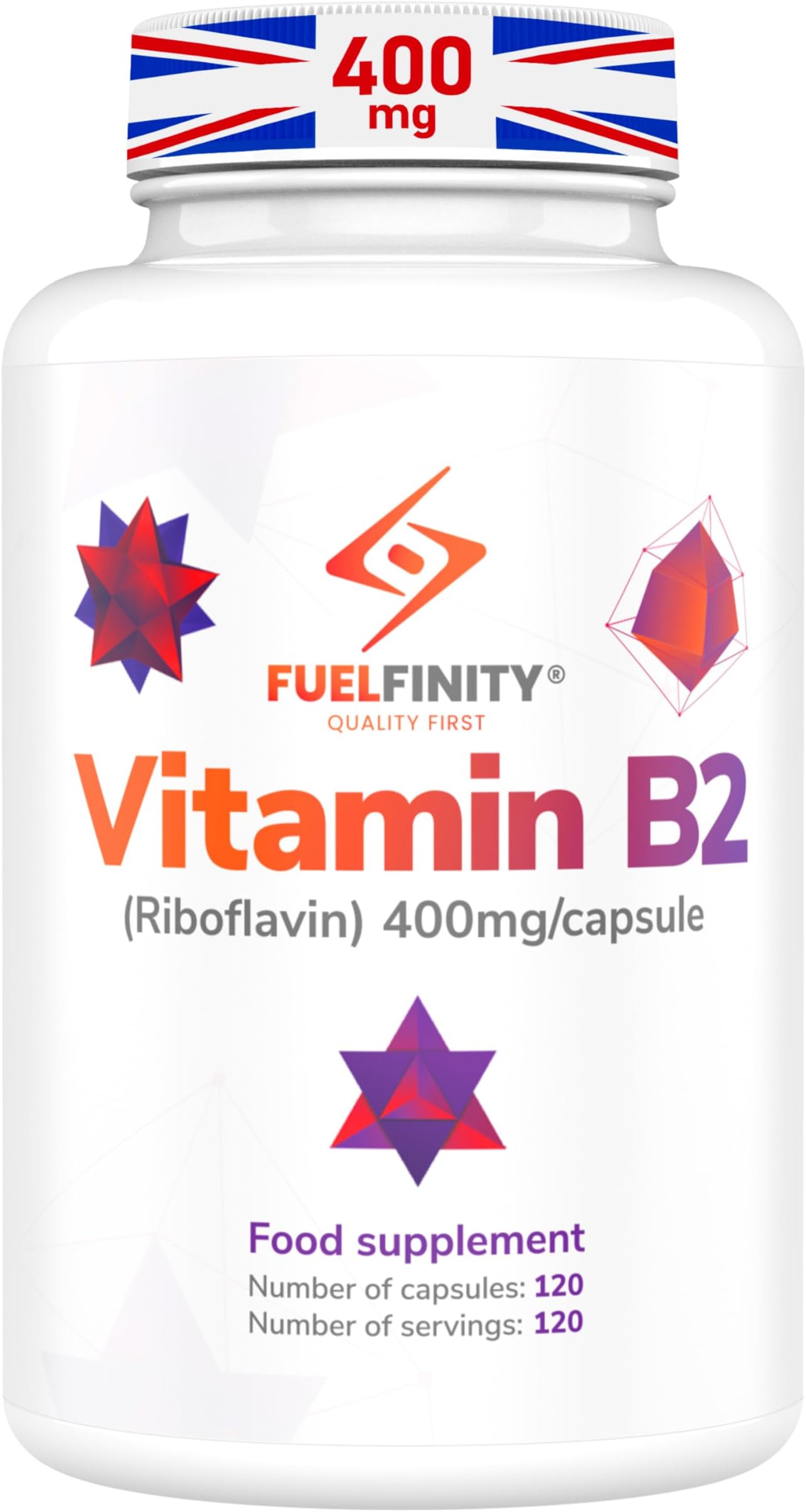Vitamin B2 Riboflavin 400mg - for Energy & Migraine Relief Support - 120 Days Supply - Made in UK, Vegan, No additives