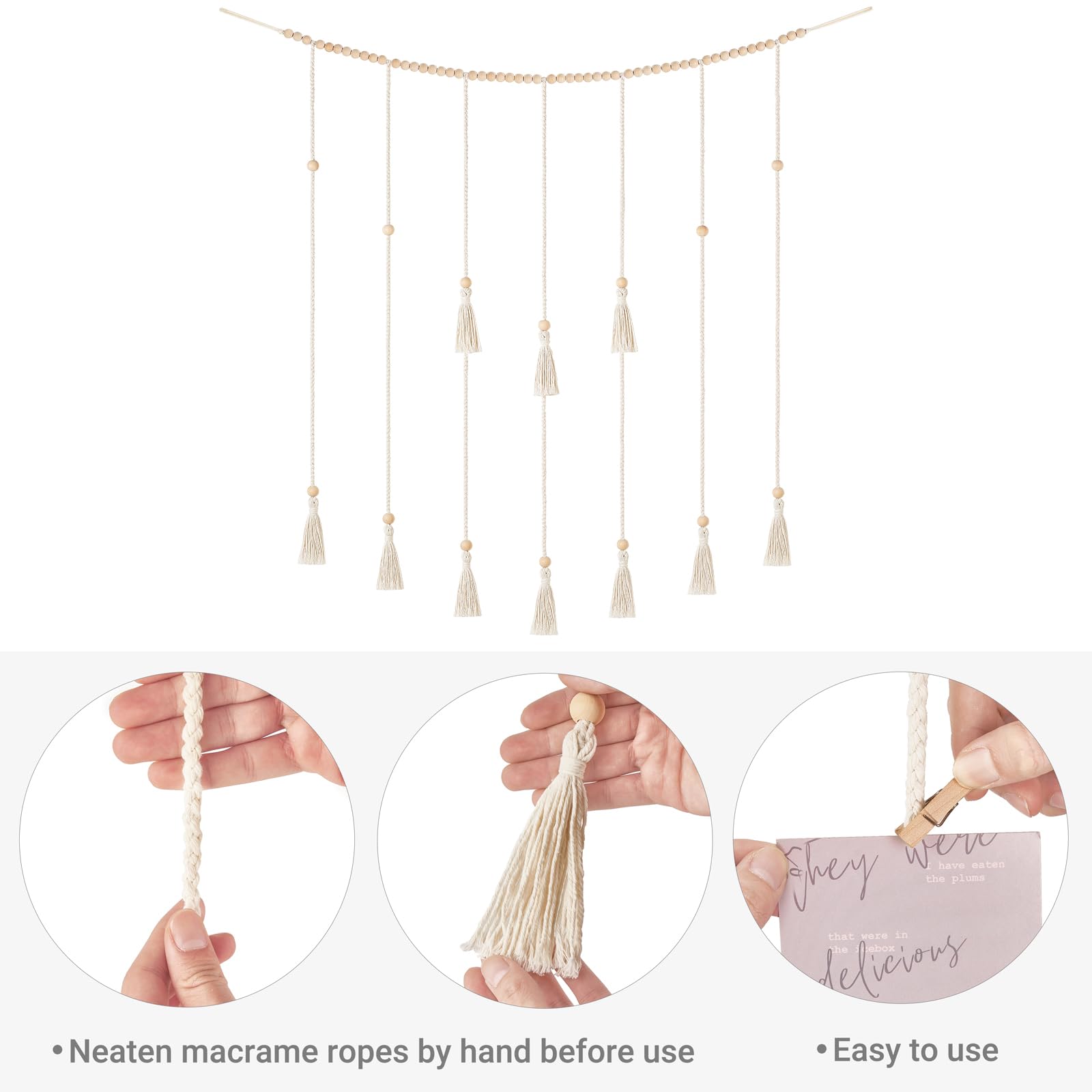 Decoración de pared colgante de macramé con tira de luces, estilo bohemio, habitación, cuentas de madera, guirnalda con 30 clips 5