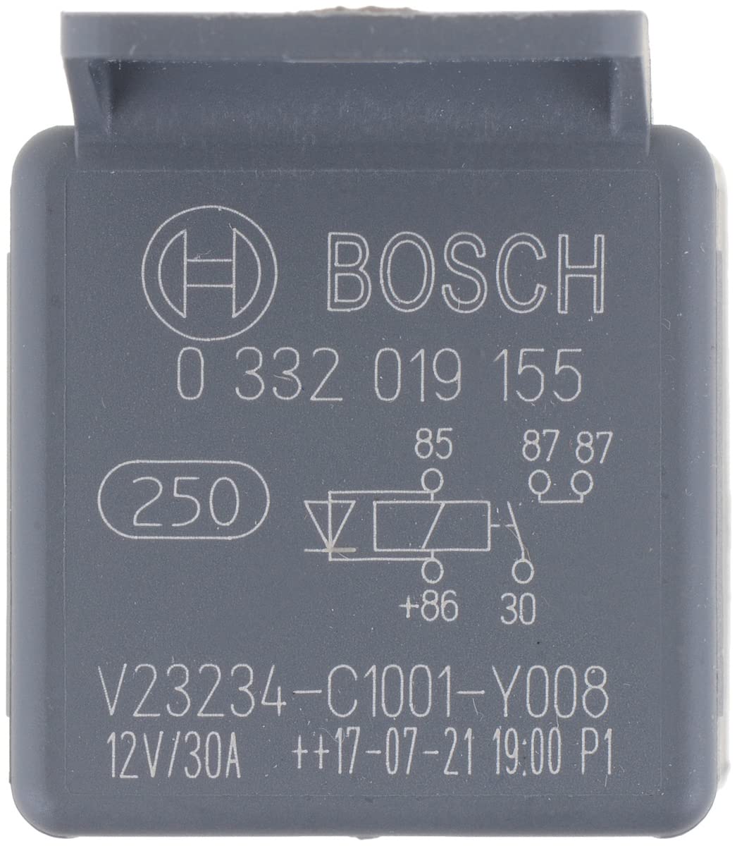 Bosch 0332019155 Mini przekaźnik 12 V 30 A, 2 x 87, IP5K4, temperatura robocza od -40 stopni do 100 stopni C, 5-pinowy przekaźnik z diodą i uchwytem przekaźnika