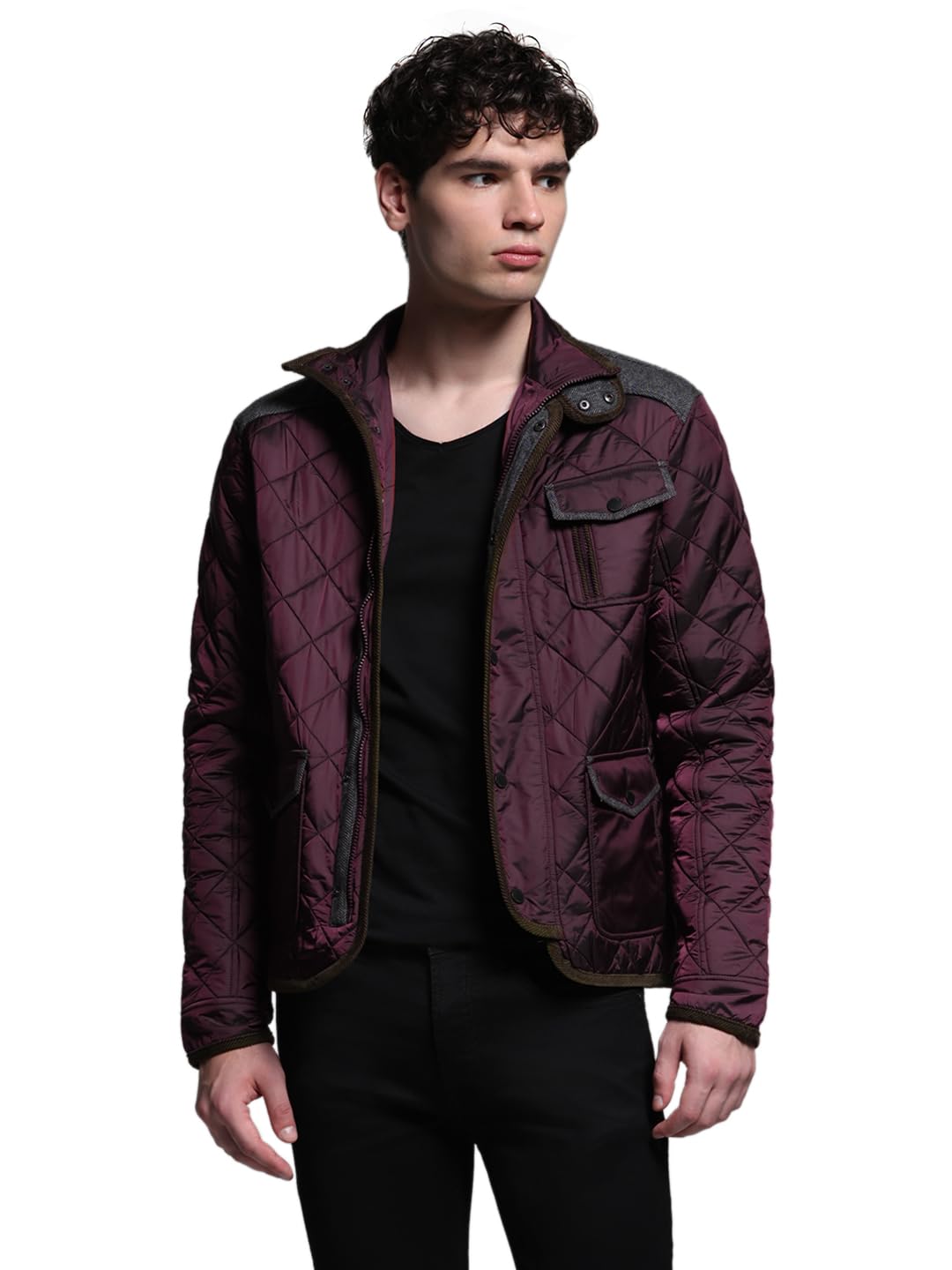 Men Mock Collar Solid Casual Quilted Jacket-image-45