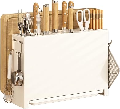 TITA-DONG Knife Drying Holer for Kitchen Counter, Metal Knife Storage Rack, Integrated Chopsticks Cutting Board Storage, Large Capacity, Multi Use Kitchen Utensil Organizer, White