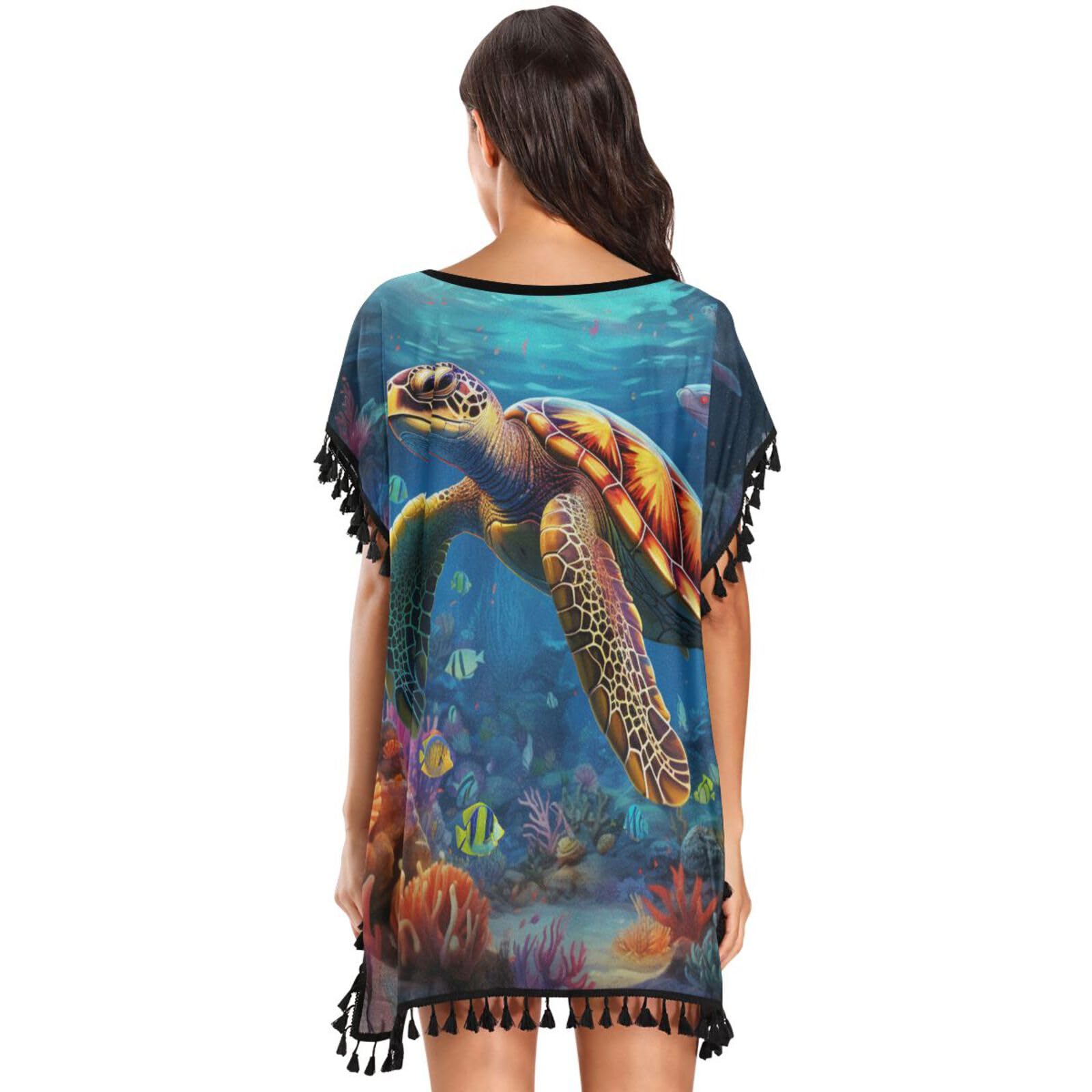 Colorful Sea Turtles Blue Fishes Women's Beach Cover Up Chiffon Tassel Swimwear Swimsuit Coverups for Girl