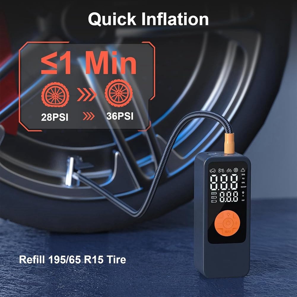 Compressore d'Aria per Gonfiaggio Pneumatici con Manometro Digitale, Pompa d'Aria 150PSI per Auto, Bici, Moto con Luce Indicatrice LED.