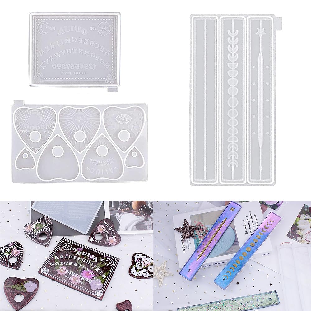 ResinWorld 1PCS Moon Phase Incense Sticks Holder Silicone Mold + 2PCS Gothic Epoxy Resin Silicone Molds for Ouija Board Game, Ouija Board and Planchette Resin Molds