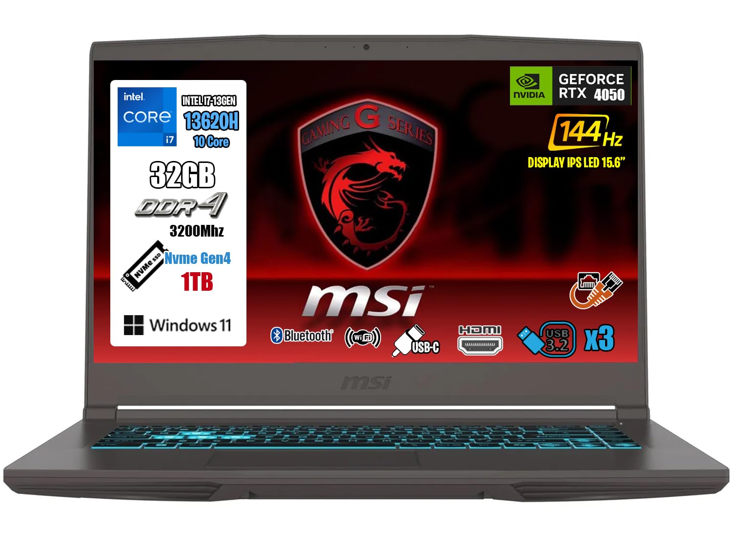 MSI Thin 15 Pc Gaming, Gaming Notebook I7-13620H, 32GB RAM, 1TB SSD, 15.6