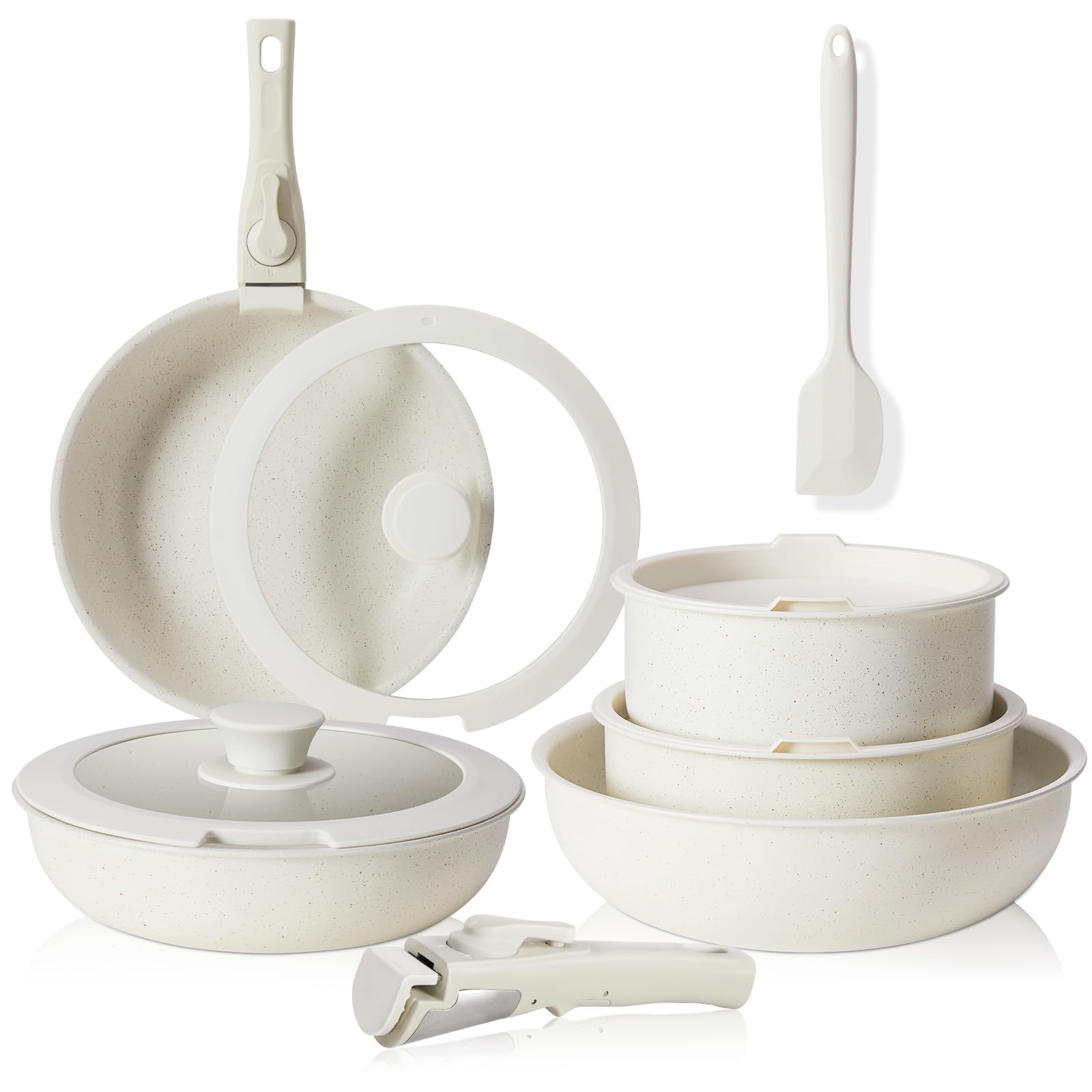 Pots and Pans Set Non Stick, 12-Piece Induction Kitchen Cookware, Oven-Safe, Stackable RV Cookware with Removable Handle