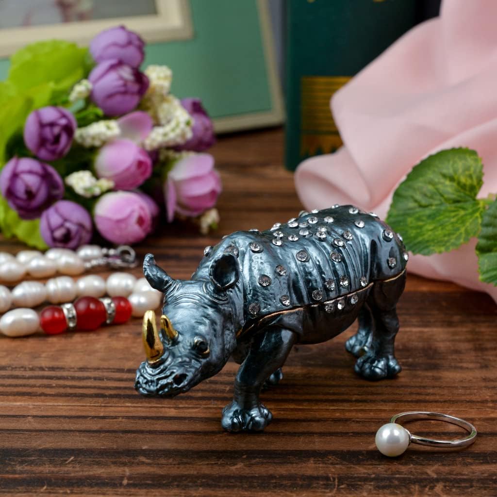 Golden Jeweled Enameled Rhinoceros Jewelry Box, Hand-Painted Hinged Rhino Trinket Box, Elegant Home Décor & Unique Gift for Animal Lovers
