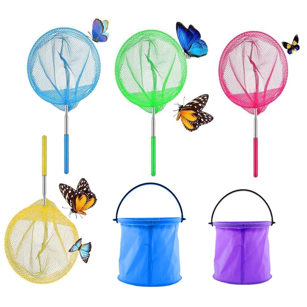 Lot de 4 épuisettes extensibles pour papillons - 38 à 85 cm - Avec 2 seaux pliables - Idéal pour attraper les insectes, les poissons, la pêche