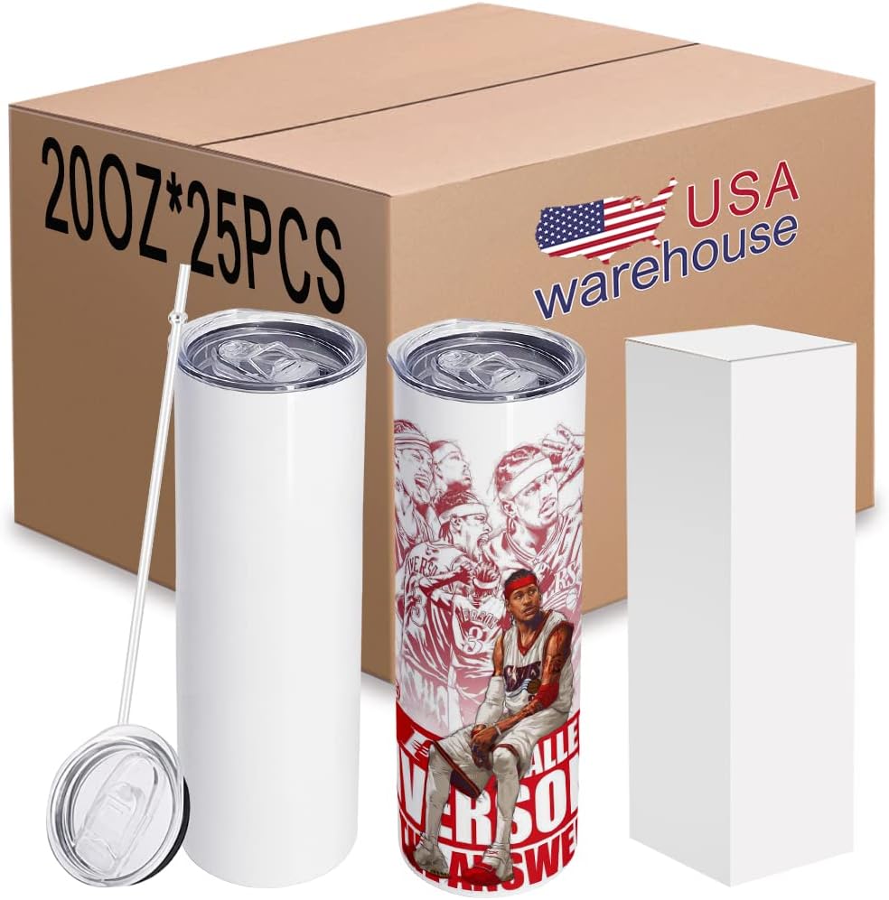 25Pack 20 oz Sublimation Blank Tumblers bulk Skinny, Stainless Steel Double Wall Insulated Straight Sublimation Cups with Lid and metal straw, Individually Box, Heat Transfer