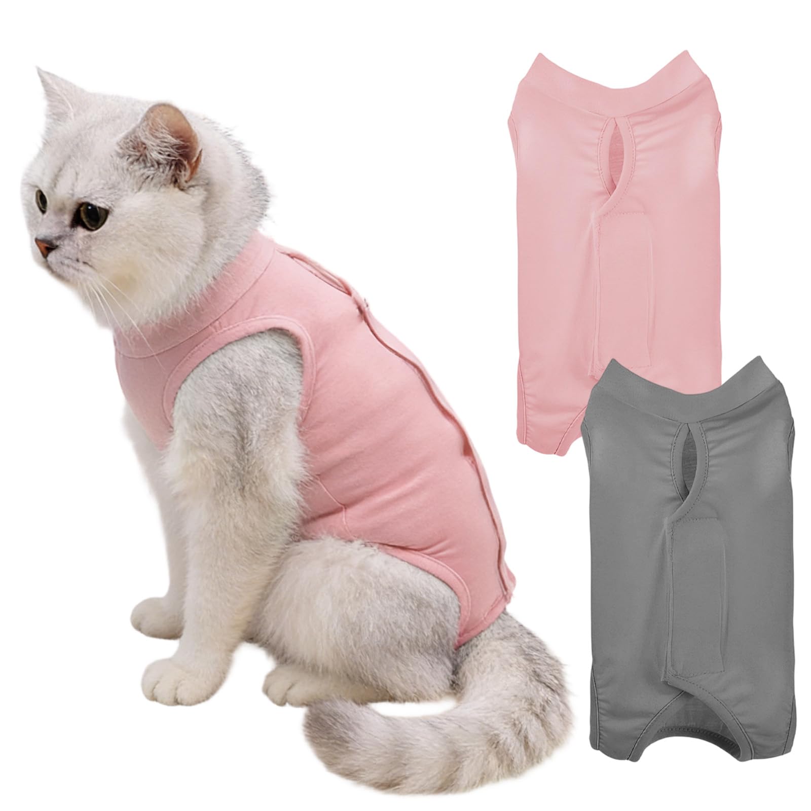 2 Pièces Body Chat Post Operatoire, Gilet de Récupération Confortable et Respirante, Body Chien Anti-Léchage, pour Les Opérations de Stérilisation, Les Phases Sevrage (Gris + Rose)