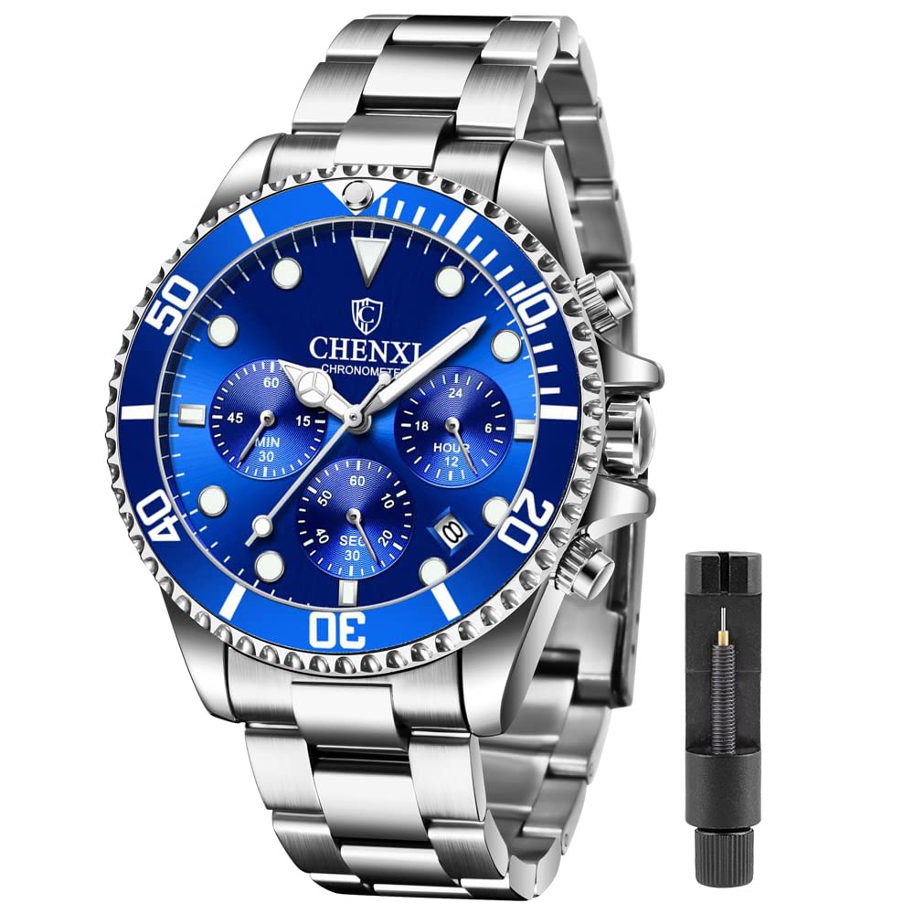 Mens Classic Silver Blue Date Quartz Watch, Chronograph Multifunction Stainless Steel Business Quartz Watces for Men - Silver Blue, CHXI823-sliver blue (B0B6HN65ZV) Amazon Price History, Amazon Price Tracker