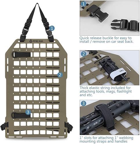 Miniatura 9 de PETAC GEAR Paquete de 2 organizadores tácticos para respaldo de asiento de automóvil  Paneles rígidos Molle para vehículos  Panel de montaje en