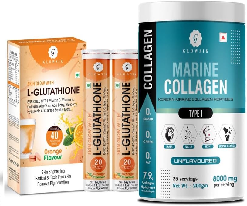 Glowsik Skin Supplement Combo L-Glutathione 40 Effervescent Tablets Orange Flavour & Unflavoured Korean Marine Collagen 200g Powder | Antioxidant, Fight Fine Lines & Wrinkles Skin Glow & Brightness
