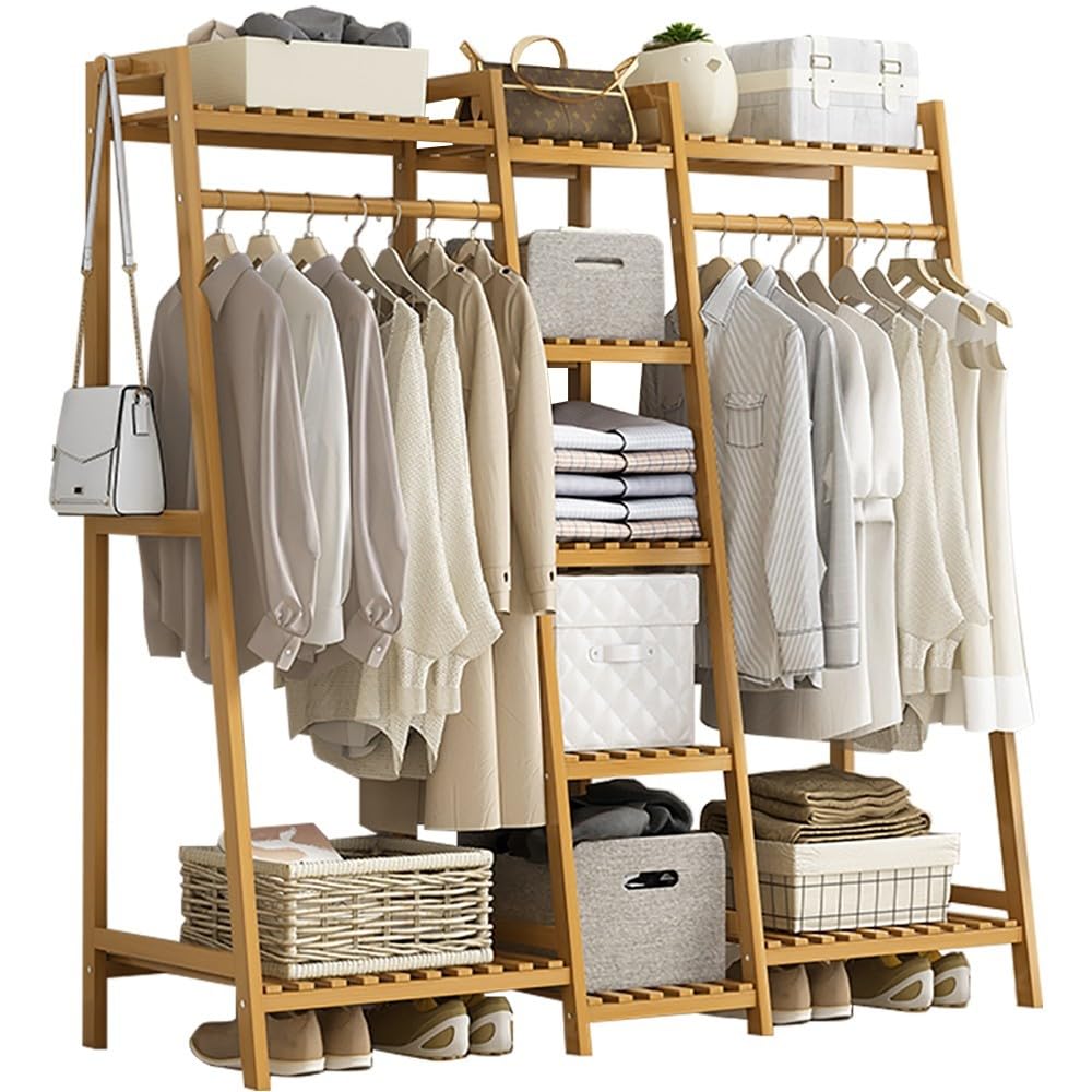 XDLEDMKIZ Bamboo Freestanding Clothes Rack with Top Shelf and Garment Rack for Bedroom and Entryway Storage X40X140cm