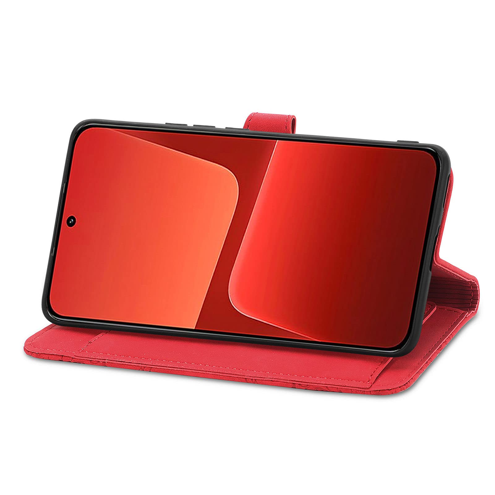 Custodia a Libro Cover Portafoglio per Xiaomi 13 5G Flip Case in Pelle Fiori Donna con Tasca Zip Porta Carte Laccio Supporto Antiurto - Rosso