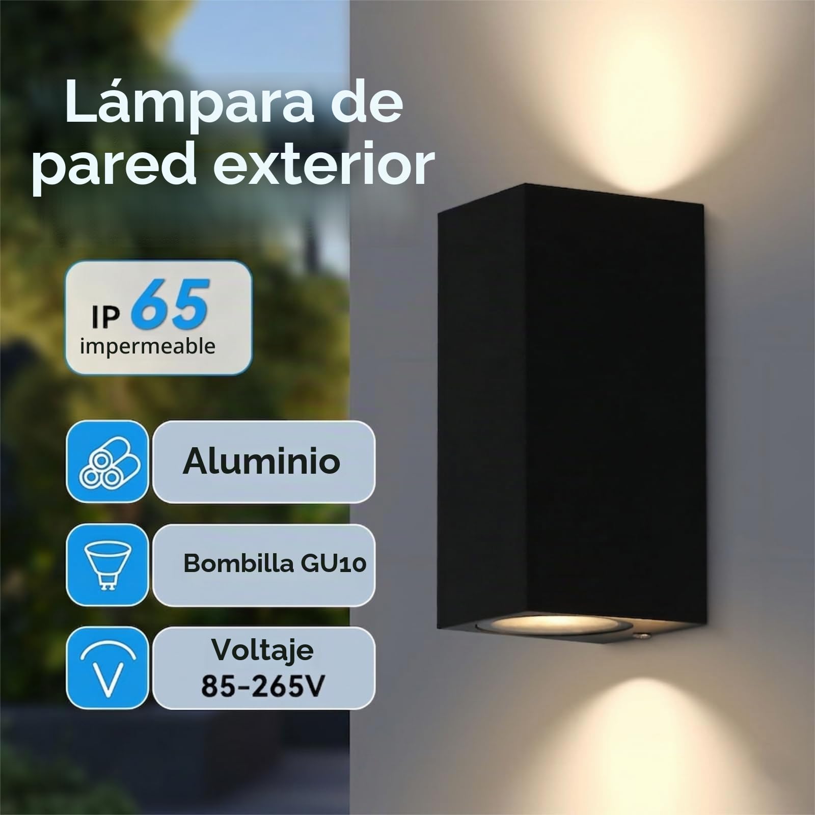 CANMEIJIA Aplique de Exterior Negro 2 Uds Lámpara Pared GU10 5W | Diseño cuadrado moderno en color negro mate que aporta una iluminación simétrica en fachadas y garajes del hogar