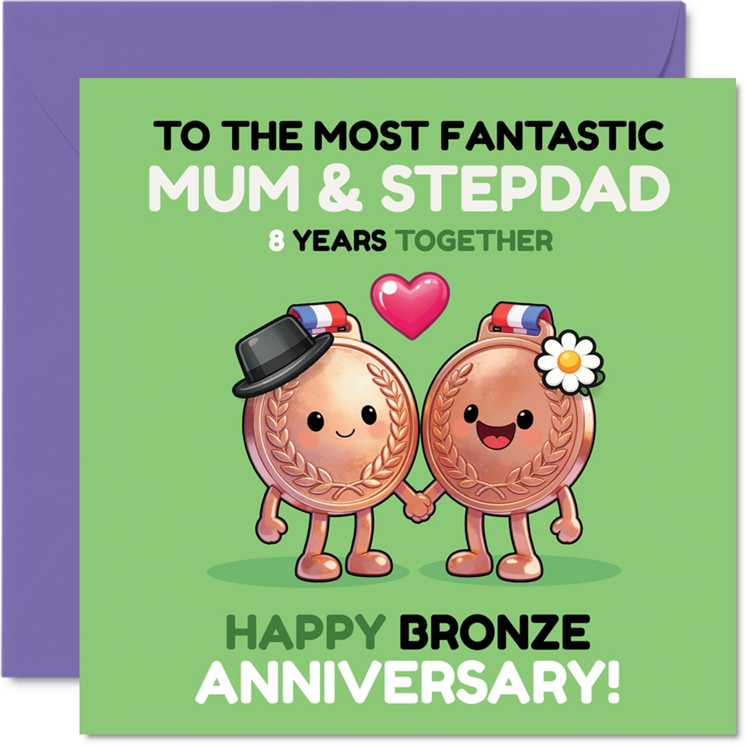 Playful 8th Anniversary Card for Stepdad & Mum - Medal-worthy Laughs for a Bronze Anniversary - 145mm Square, Envelope Included