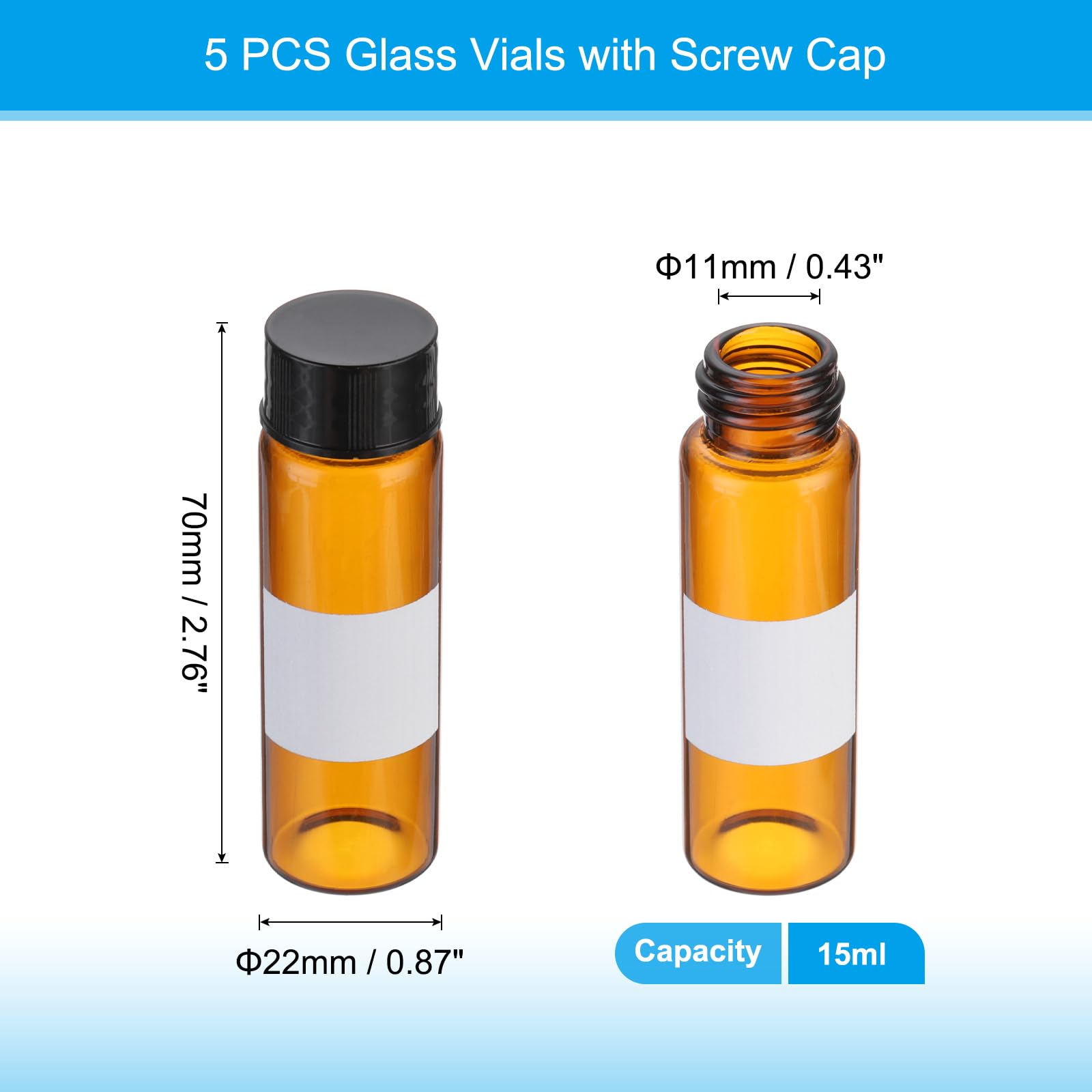 PATIKIL Piccoli flaconi modello in vetro con coperchio, 5 pezzi flaconi in vetro ambrato da 15ml con tappi a vite neri mini bottiglie sigillate antiperdita per reagenti con etichetta