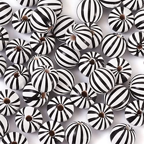 PH PandaHall 50pcs Farmhouse Wooden Beads, 16mm, Round, White & Black Stripe, DIY Craft Beads for Garlands & Jewelry - Image 2