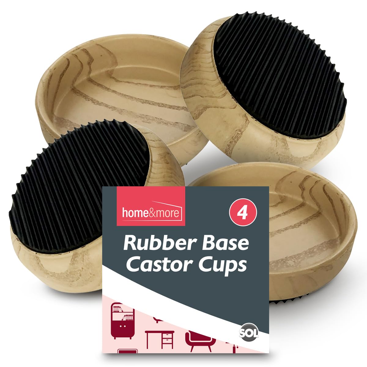 4pk Rubber Base Castor Cups - Non-Slip Furniture Protectors for Chair & Sofa Legs, Table Feet, Bed - Castor Cups to Protect Wooden Floors