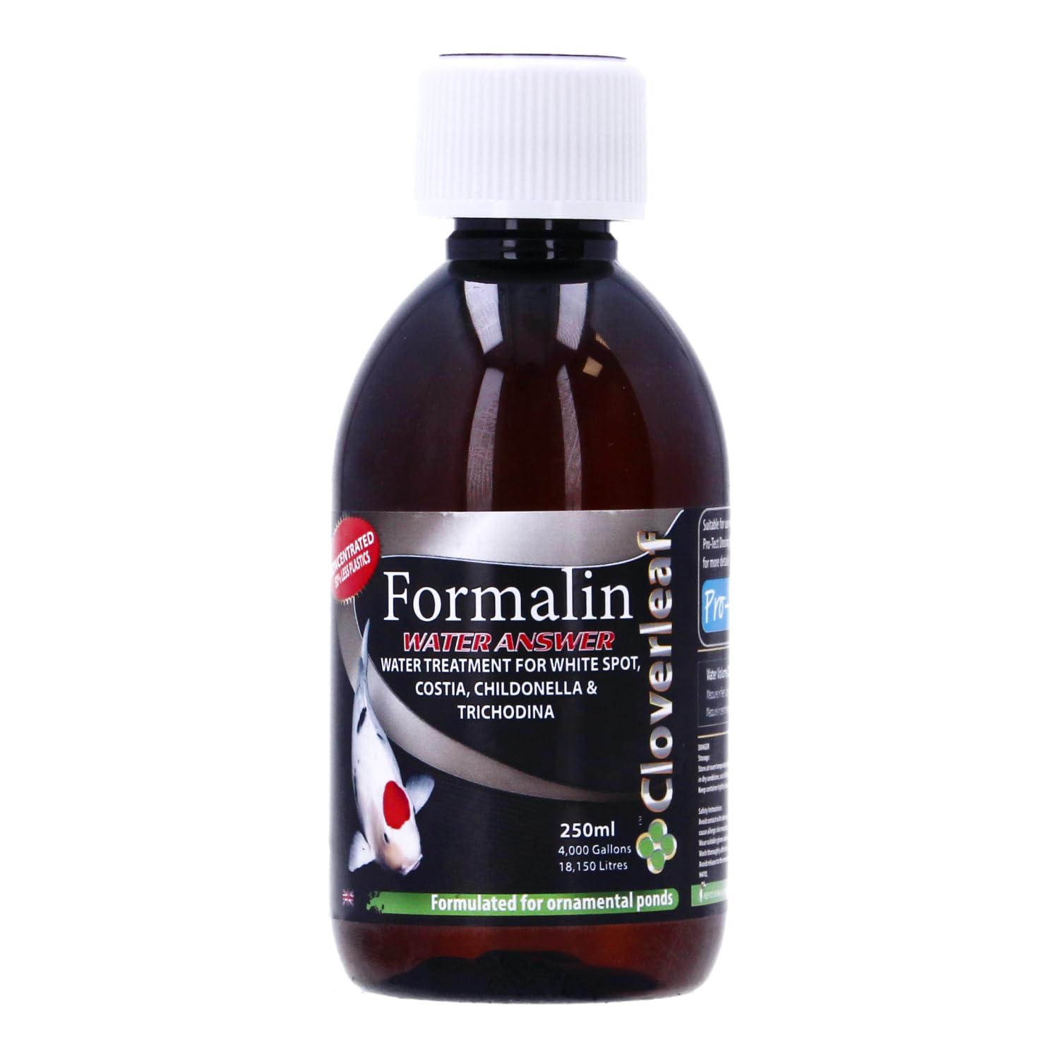 Cloverleaf Formalin Water Answer Pond Treatment for Koi and Ornamental Fish, Controls White Spot Costia Trichodina and Chilodonella, Double Strength Formula 250ml & 500ml (250ml)