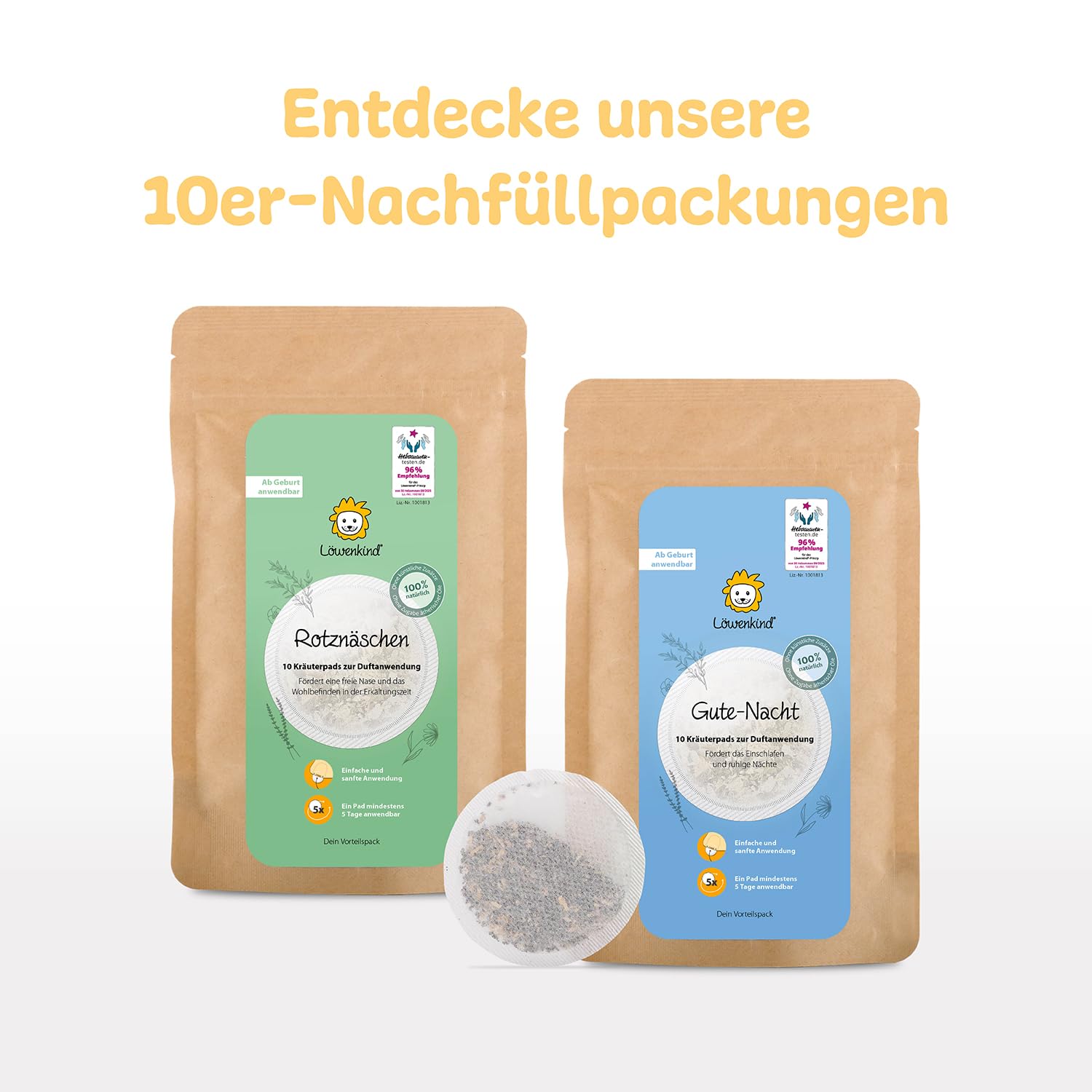 Löwenkind Einsteigerbox "Newborn" Grau mit Rotznäschen- und Gute-Nacht-Pads- Kräuterpads zur natürlichen Unterstützung in der Erkältungszeit und bei Schlafproblemen für Neugeborene bis 6 Monate