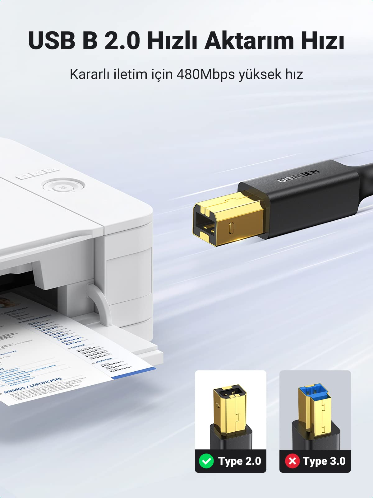 Ugreen USB den USB-B ye Yazıcı Tarayıcı Kablosu, 1.5 Metre