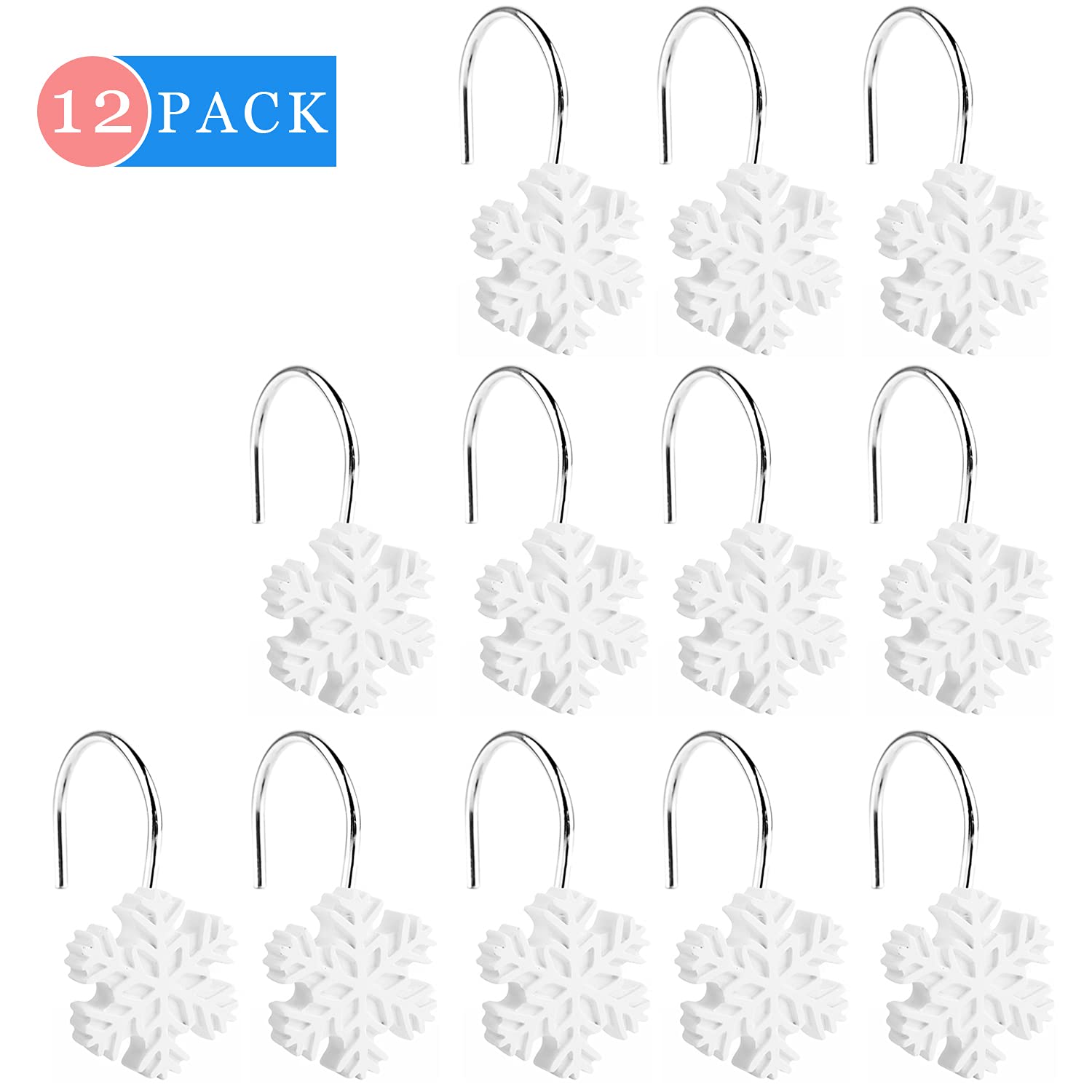 12 Pack Snowflake Shower Curtain Hooks Rings - Decorative Steel Hooks For Rods Under 1.3 Inches, Easy Install