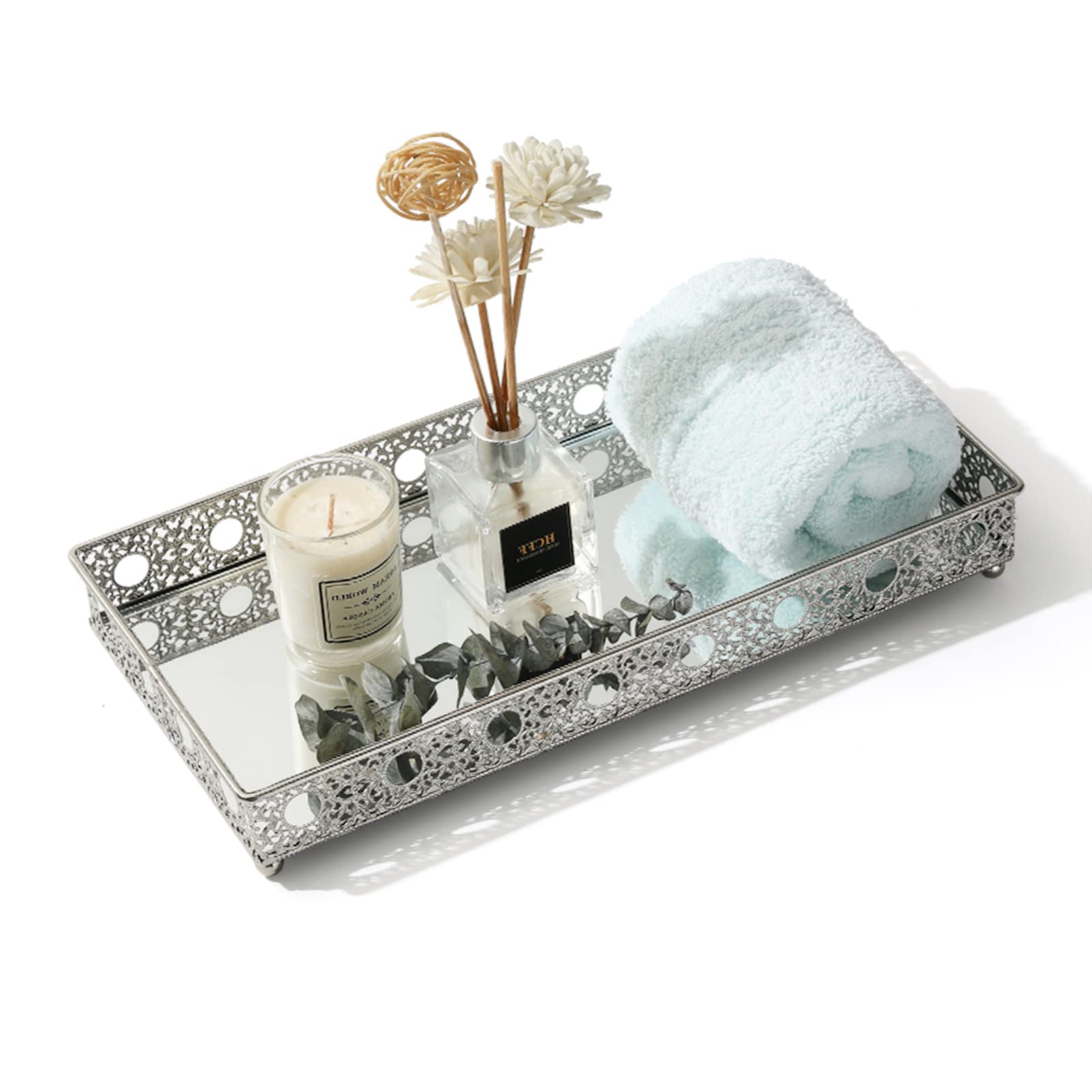 Tricune Perfume Tray - Bathroom Vanity Tray - Mirror Tray - Decorative Perfume for Dresser Jewelry Organizer Makeup Glass Tray 12.5 X 6.3 Inch Silver