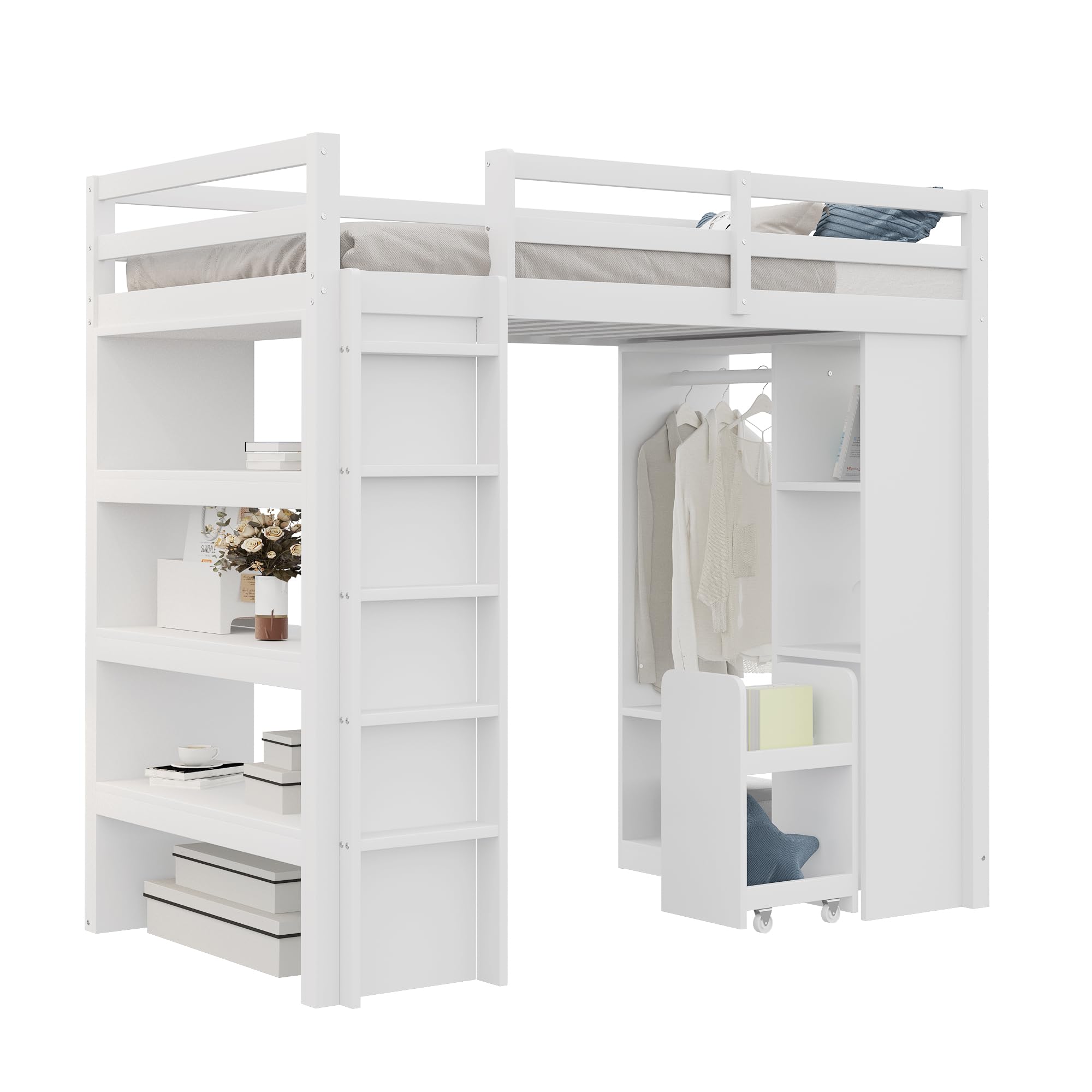 Azkoeesy Cama Individual Alta 90x200 cm, con 3 Grandes estantes de Libros, Perchero, Carro, somier y barandilla, para Adolescentes y Adultos, Madera de Pino, Color Blanco