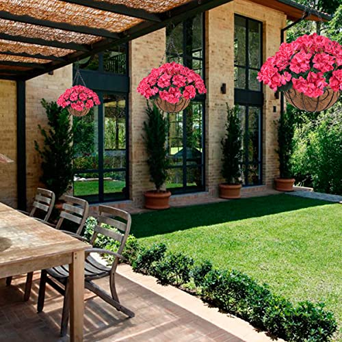 Zfprocess Artificial Flowers Hanging Basket With Begonia Silk Flowers For Outdoor/Indoor, Artificial Plants In Coco Coir Liner Basket Artificial Geranium Flowers For Patio Lawn Garden Decor(Rose Red) #TOP1