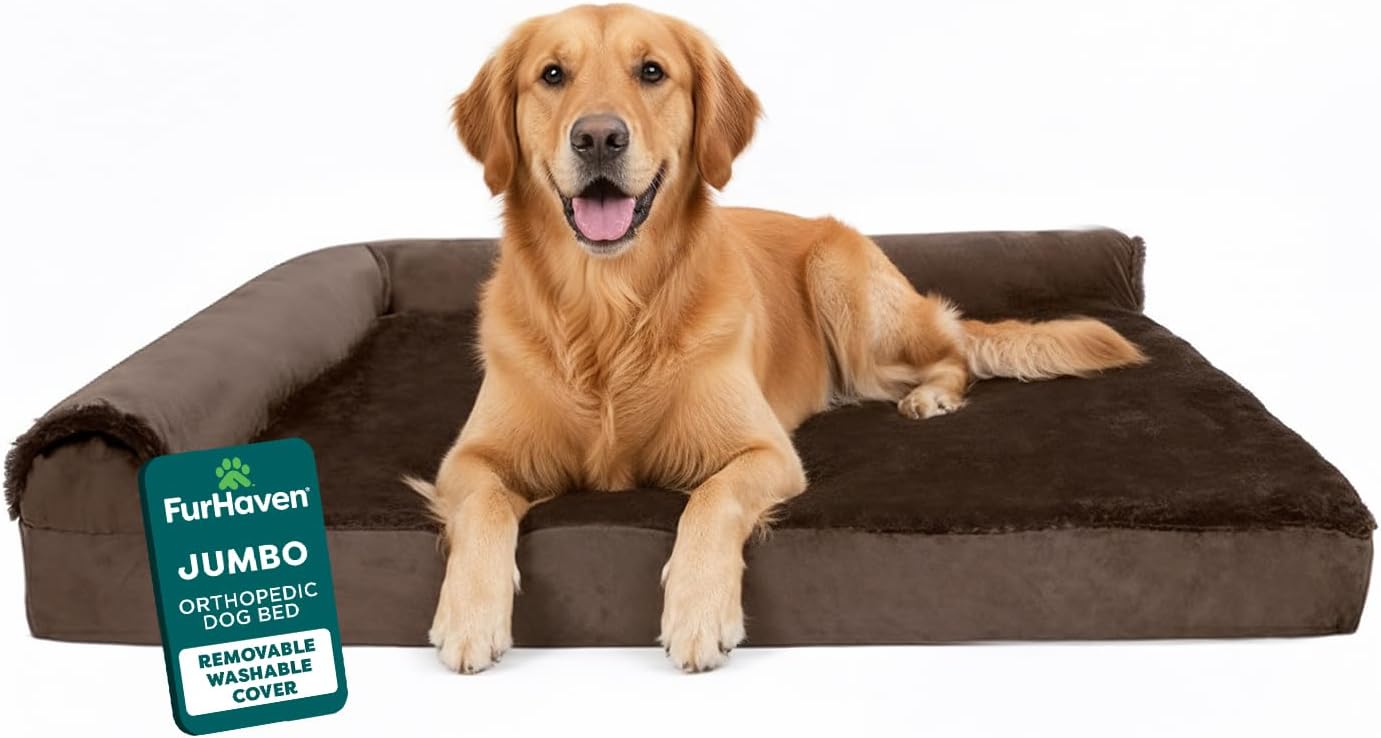 FurHaven Orthopedic Dog Bed for Large Dogs, L-Shaped Chaise Mattress, Egg Crate with a Solid Orthopedic Foam Base for Joint Support, Removable Washable Cover, Jumbo XL, Plush & Velvet, Sable Brown