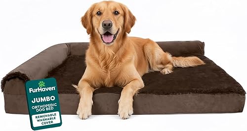 Miniatura 26 de Furhaven - Cama ortopédica para perro de espuma, de piel sintética y gamuza, en dos tonos, estilo diván, en forma de L, piedra gris, talla jumbo