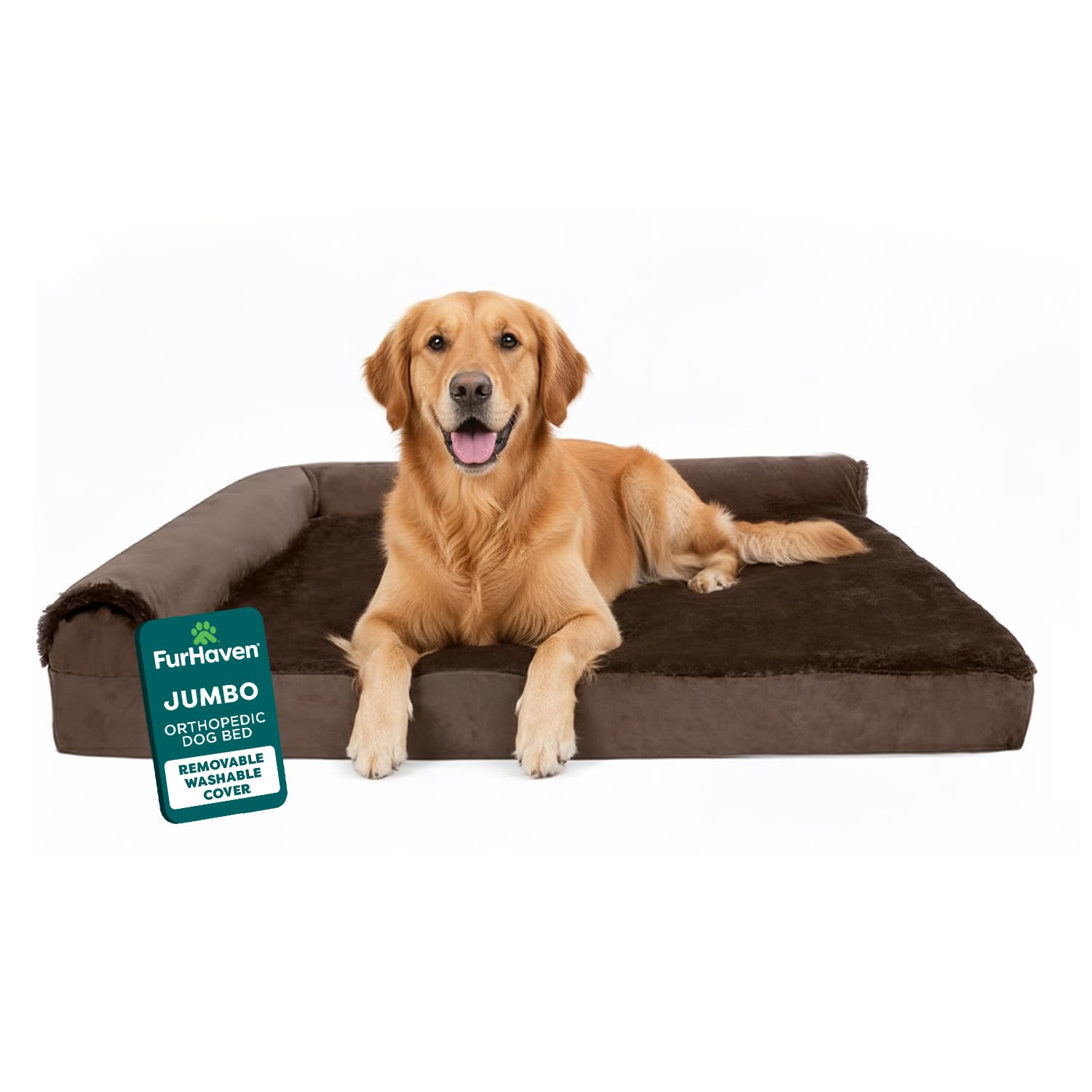 Furhaven Orthopedic Dog Bed for Large Dogs w/ Removable Bolsters & Washable Cover, For Dogs Up to 95 lbs - Plush & Velvet L Shaped Chaise - Sable