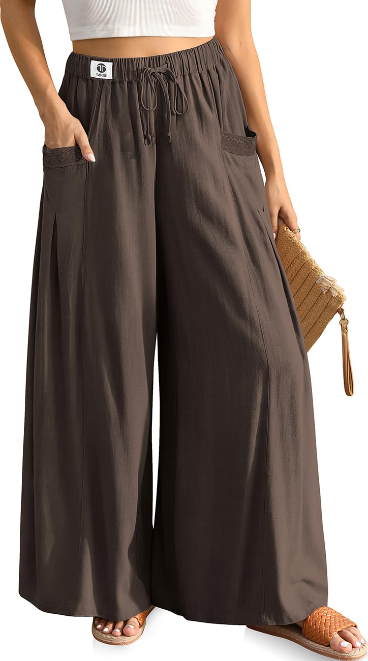 TARSE Womens Linen Wide Leg Pants Flowy Palazzo Trendy Casual Lounge Boho Drawstring Trousers Summer Beach with Pockets
