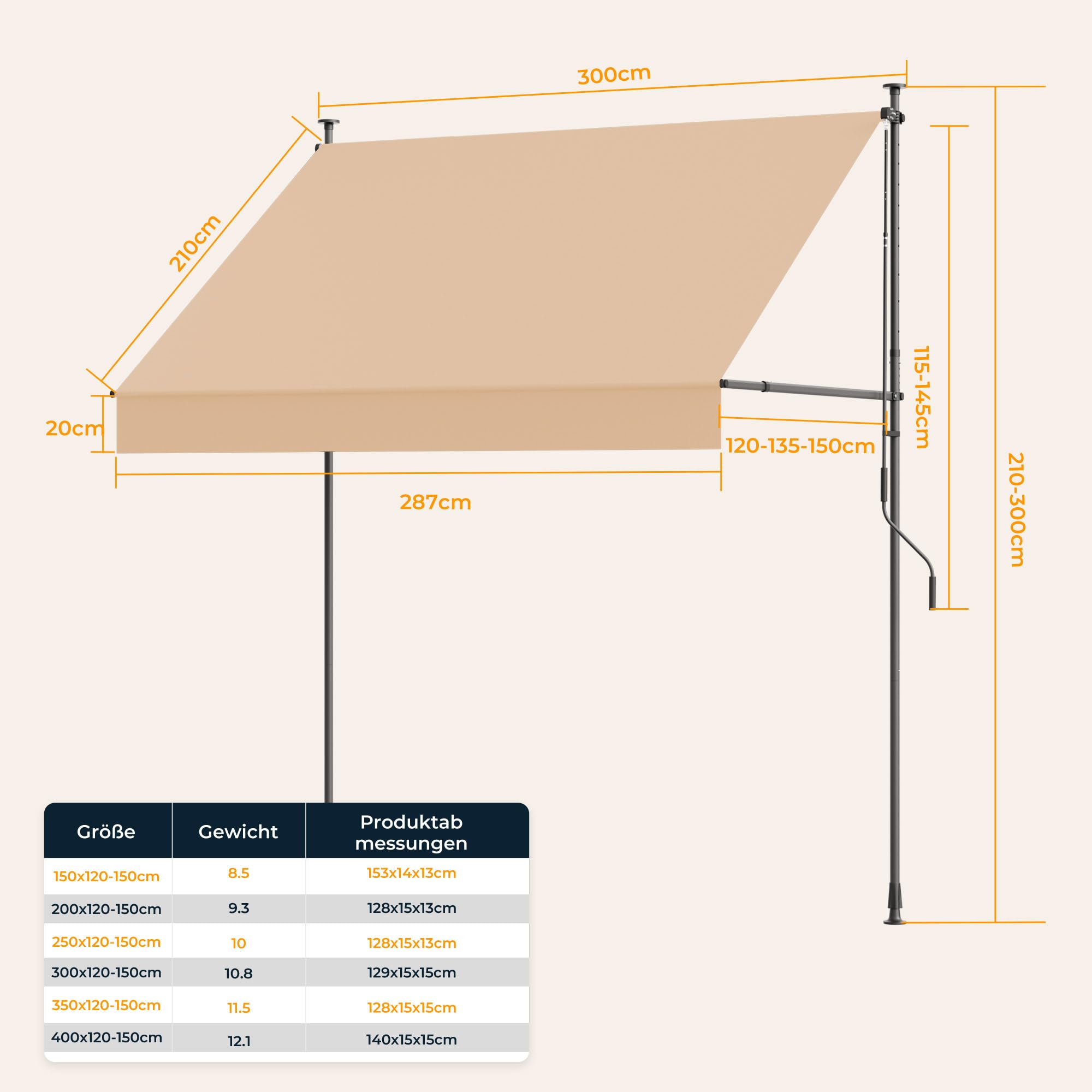 HOMEDEMO Klemmmarkise mit Einstellbare Handkurbel, Balkonmarkise ohne Bohren, Markise Sonnenschutz, UV-beständig & höhenverstellbar für Outdoor, Terrasse, Balkon, Garten, Khaki, 300 x 125-150 cm