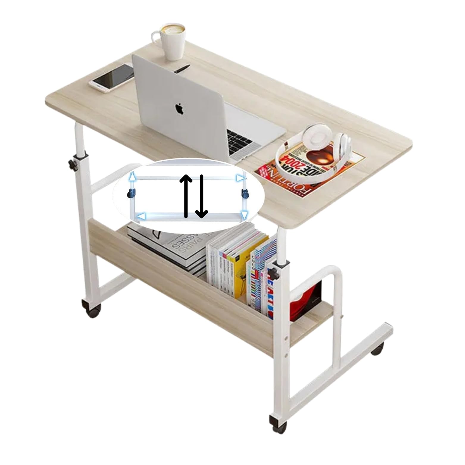 JANDTEK Mesa Auxiliar con Ruedas - Mesa Ordenador pequeña 80x40 - Mesa portatil Ordenador con estanteria Inferior - Escritorio con Ruedas y Altura Regulable (Marron Claro, 80x40)