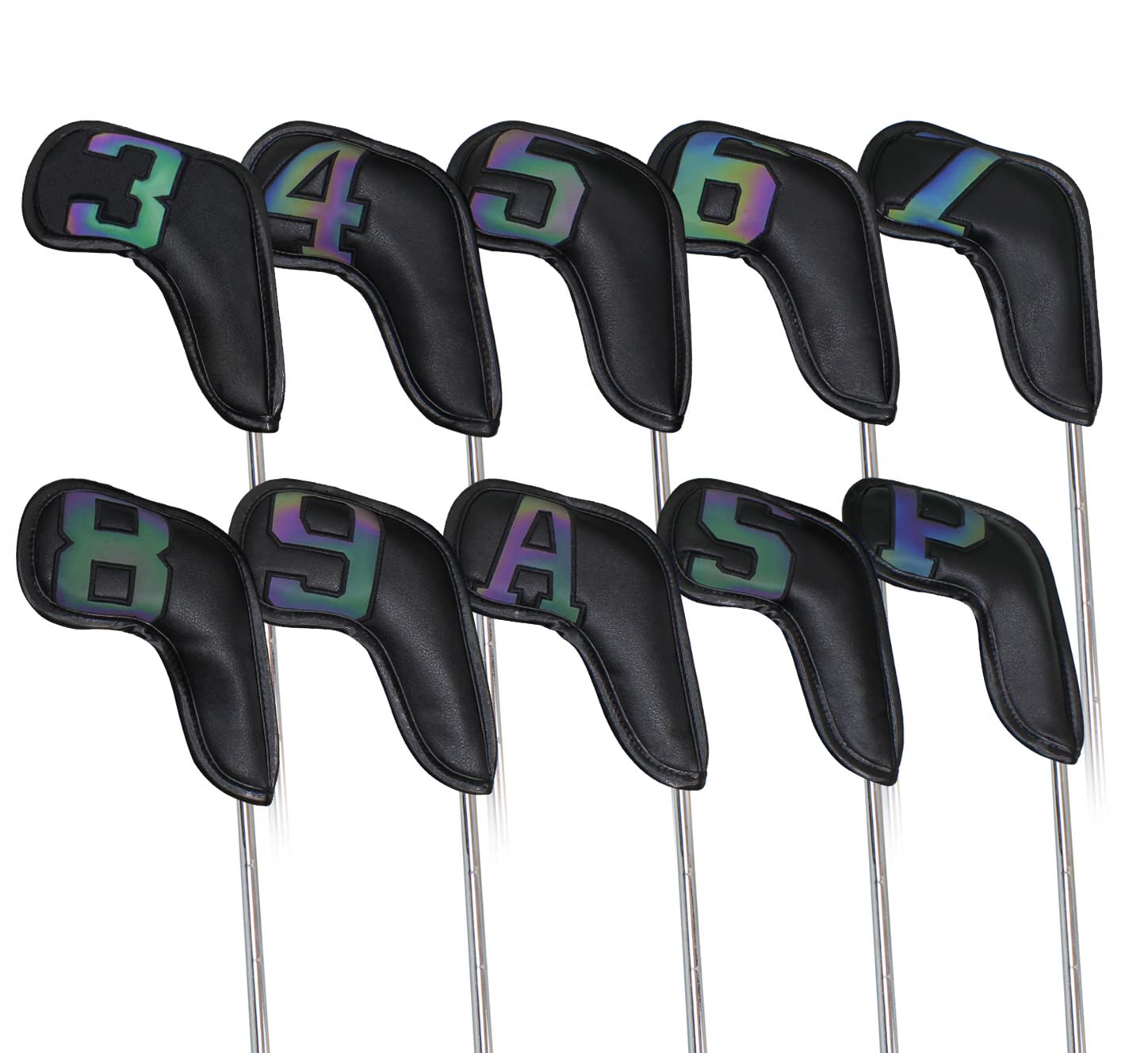 Scott Edward 10 fundas de cuero para cabeza de golf de hierro fuerte, cierre magnético, cuello largo, proteger el club, claramente número 3-9/A/P/S (cuero degradado negro)