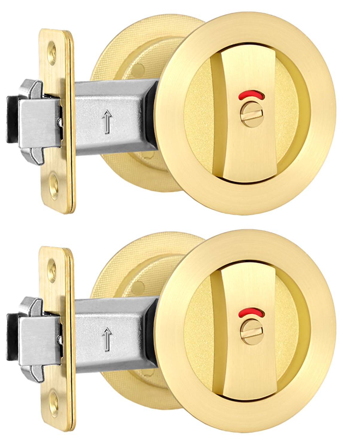 Brushed Gold Pocket Door Hardware with Indicator, Heavy Duty Round Pocket Door Lock, Brass Pocket Door Hardware, Solid Pocket Door Hardware for Bathroom(2 Pack)