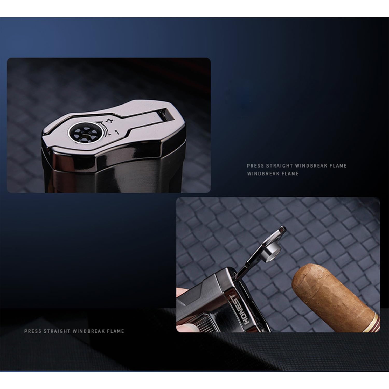 Professionnel Cigare Plus Léger Butane Rechargeable à Flamme Triple Jet avec Fenêtre à Gaz Visible pour Poinçon à Cigare (Butane Non Inclus)