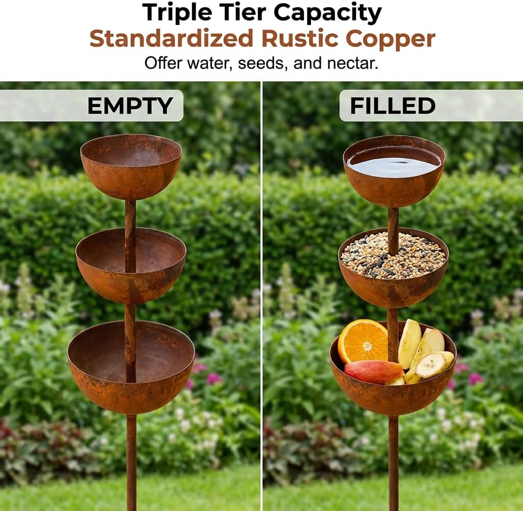 Rain Catcher - Plant Support Metal Garden Ornament, 2026 New Rain Catcher Garden Stake with 3-Tiered Water Bowls, Bird Bath & Butterfly Feeder, Outdoor Yard Art Decor (3)