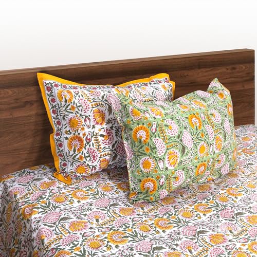 Image of TOAI Bedsheet for Double Bed King Size 108 inch x 108 inch |100% Pure Cotton 210TC | Hand Block Printed Jaipuri Bedsheet | 2 Reversible Pillow Covers 18 inchx27 inch |White Yellow Florals