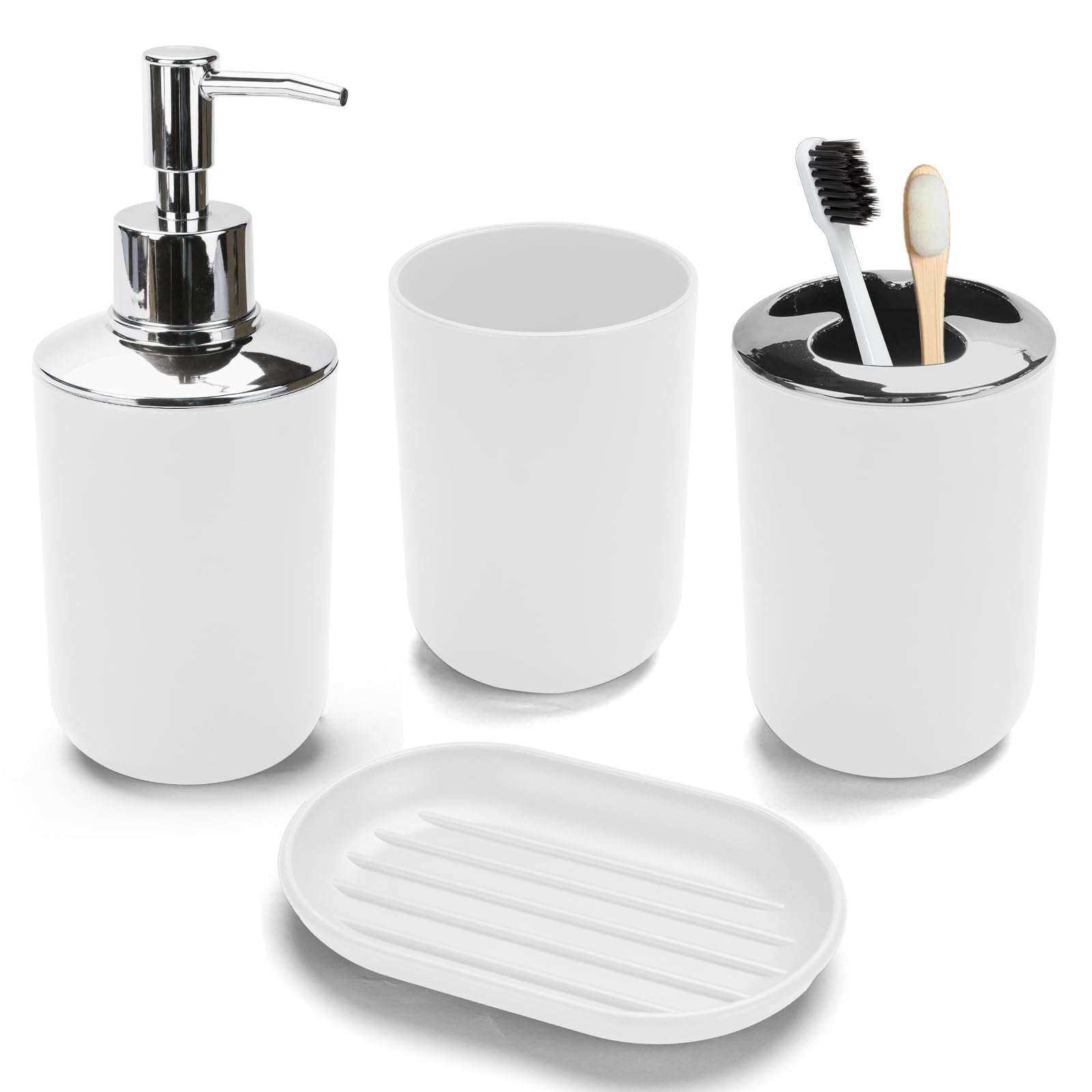 Juego de 4 accesorios de baño blancos, juego de soporte para cepillo de dientes de baño bohemio. Incluye dispensador de jabón, jabonera, soporte para cepillo de dientes, taza de enjuague bucal, juego